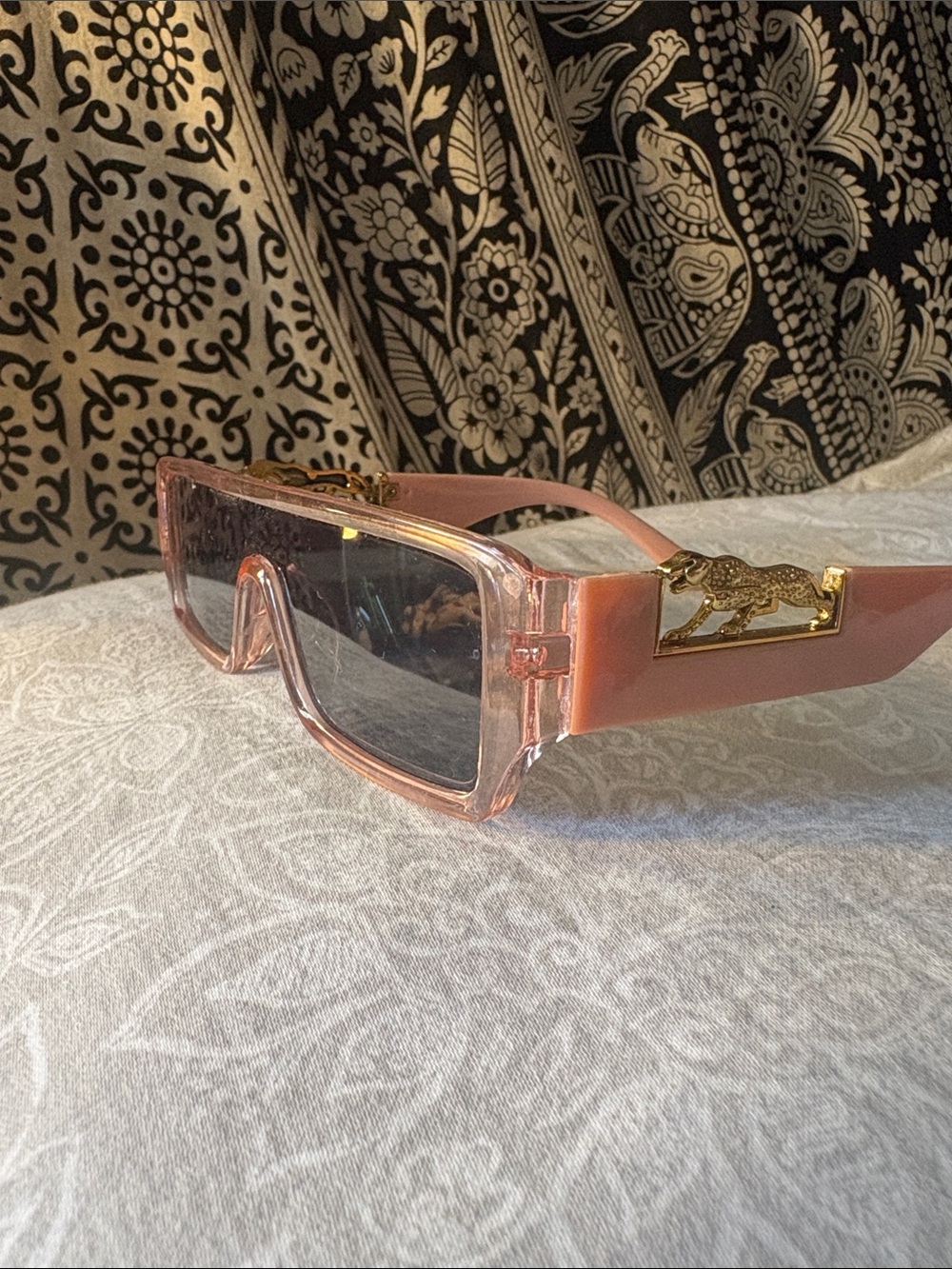 Pink Rectangular Sunglasses with Gold Plaque Accent